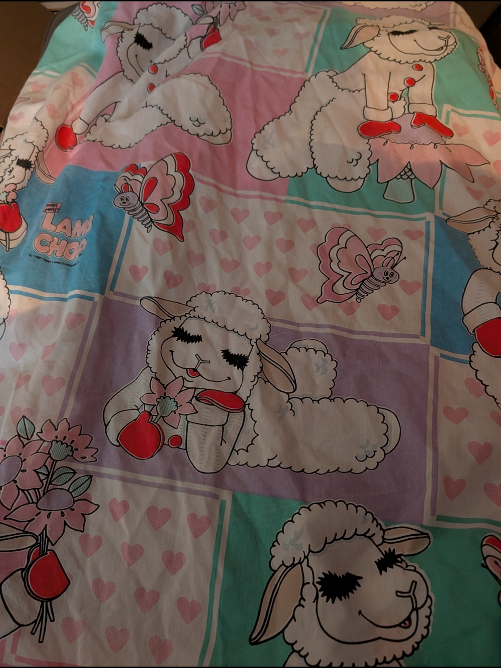 1993 Vintage Shari Lewis Lamb Chop Fitted Twin Sheet Pastel Hearts Flowers
